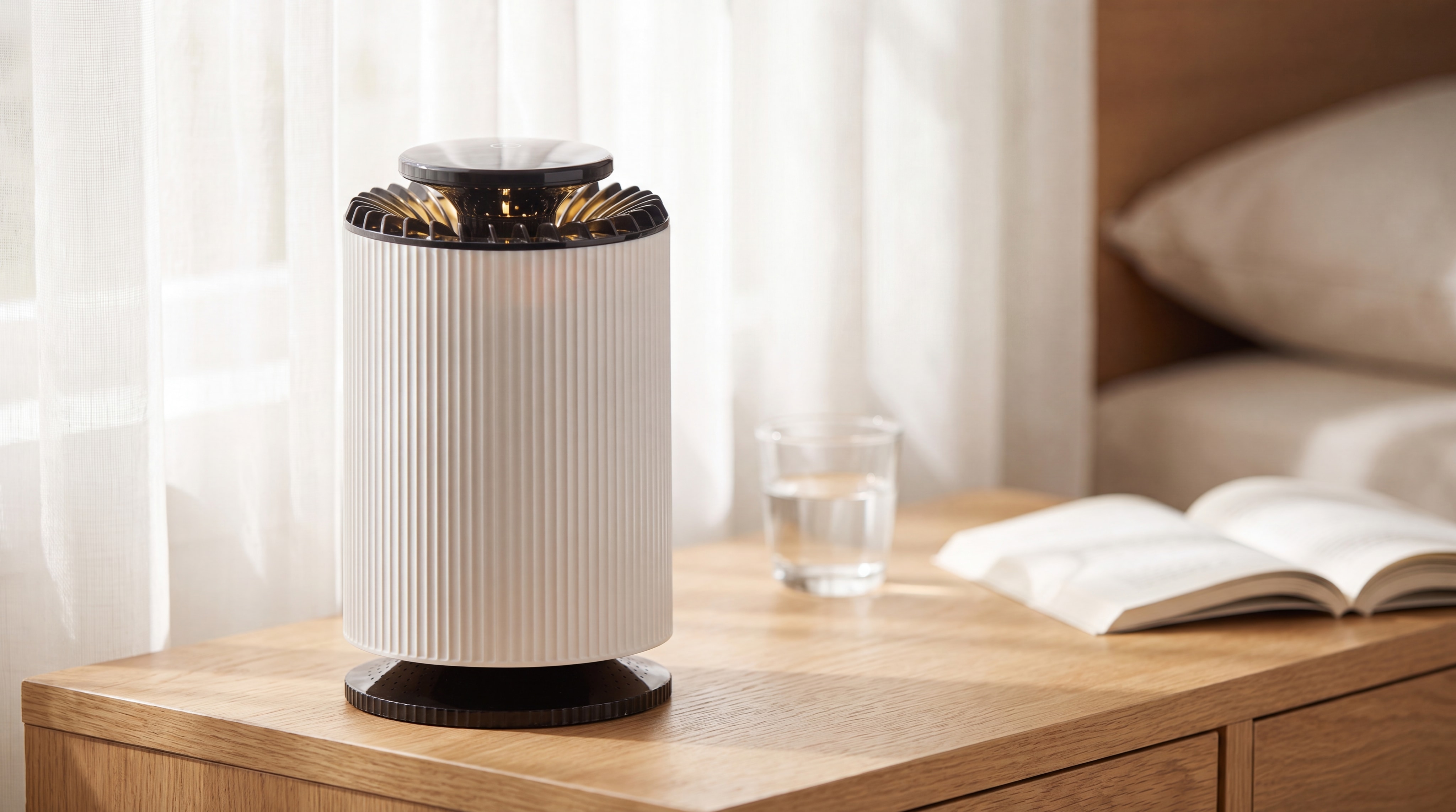 The CloudPure compact air purifier running on a nightstand in a bright, airy bedroom