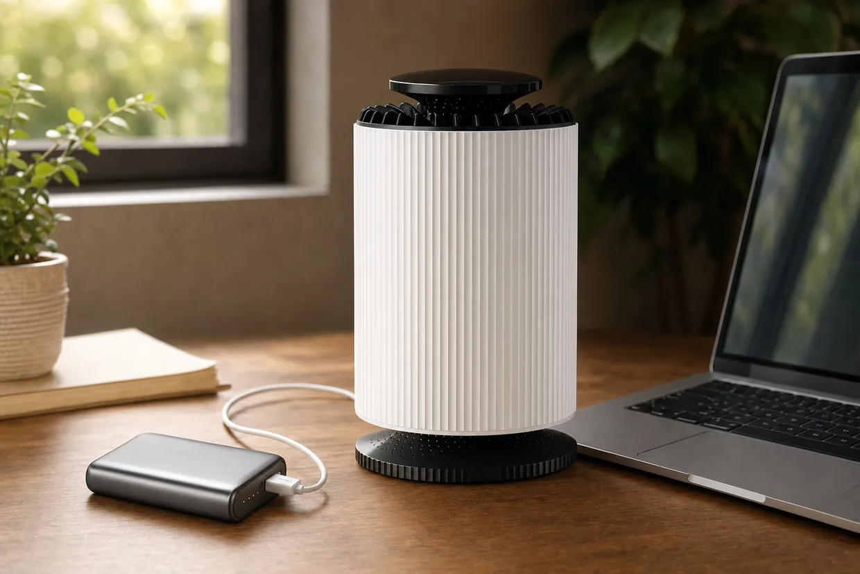 CloudPure running off a power bank in a home office — no wall socket needed