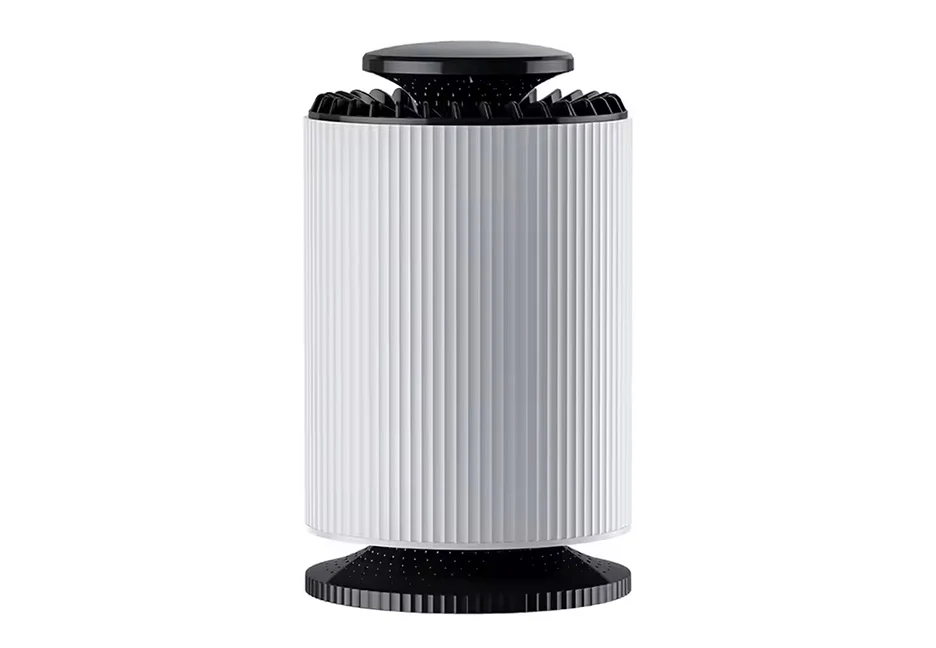 The CloudPure compact air purifier — white ribbed body with black top and base