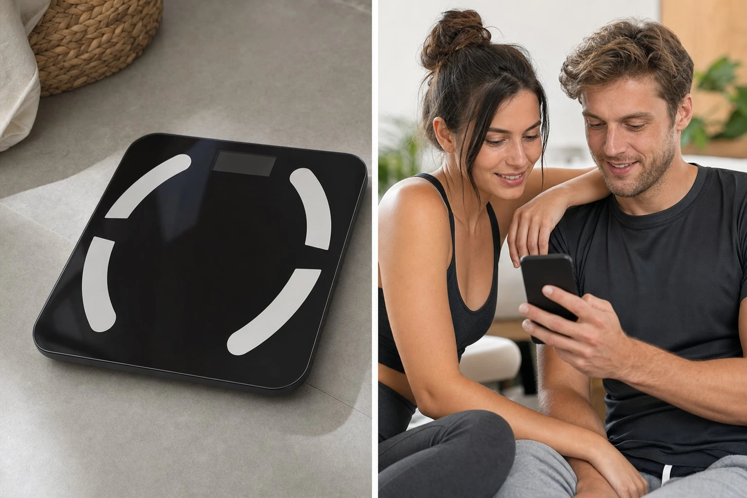 A couple in a bright bathroom checking two separate ScanoPro user profiles on a phone