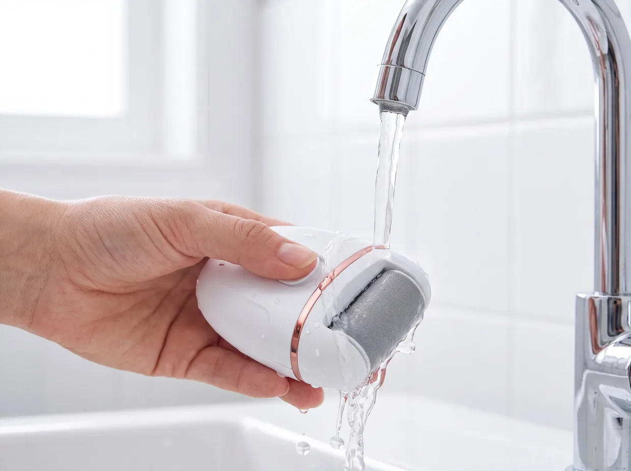 SmoothSole quartz head being rinsed clean under running tap water
