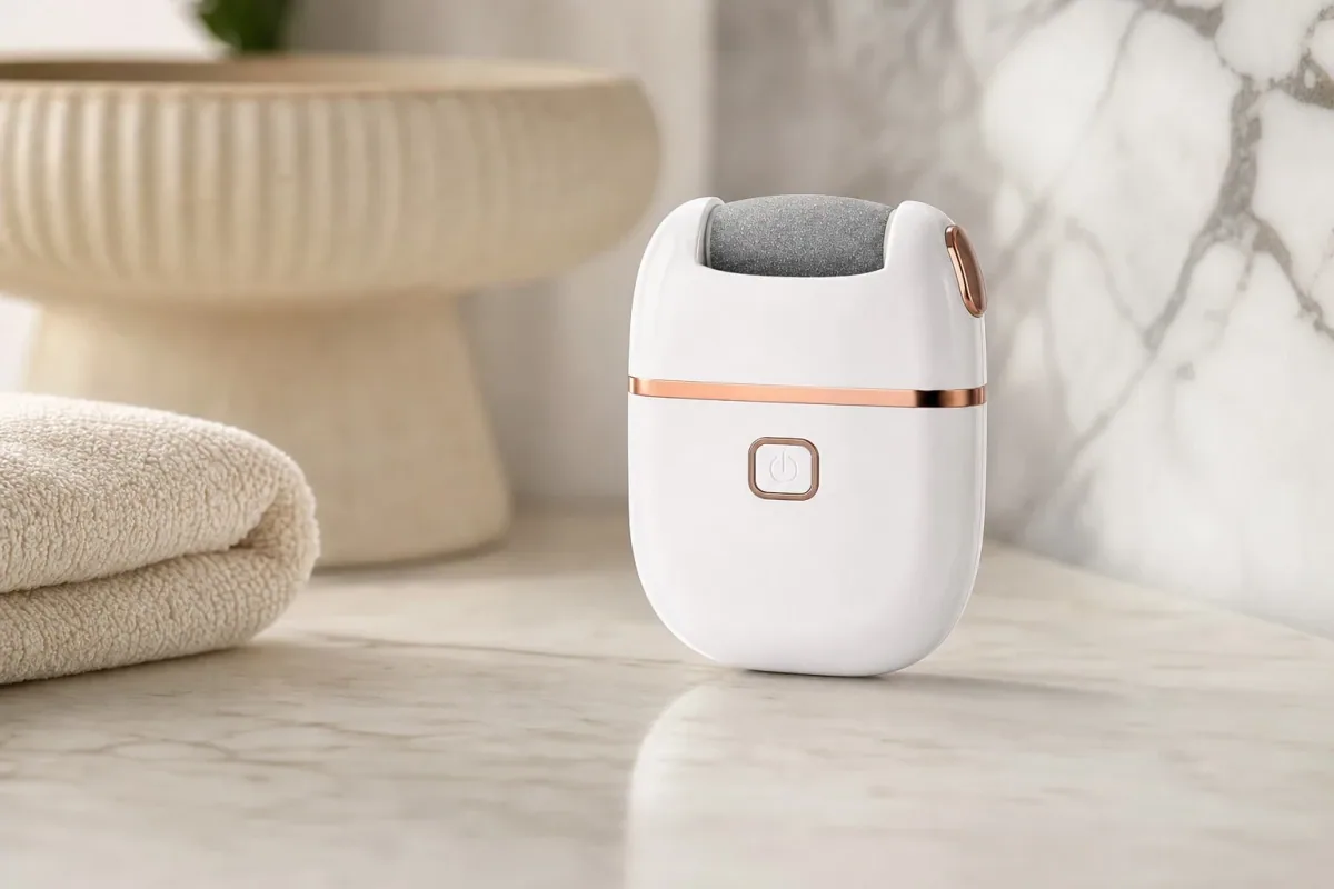 SmoothSole electric callus remover standing on a marble bathroom counter