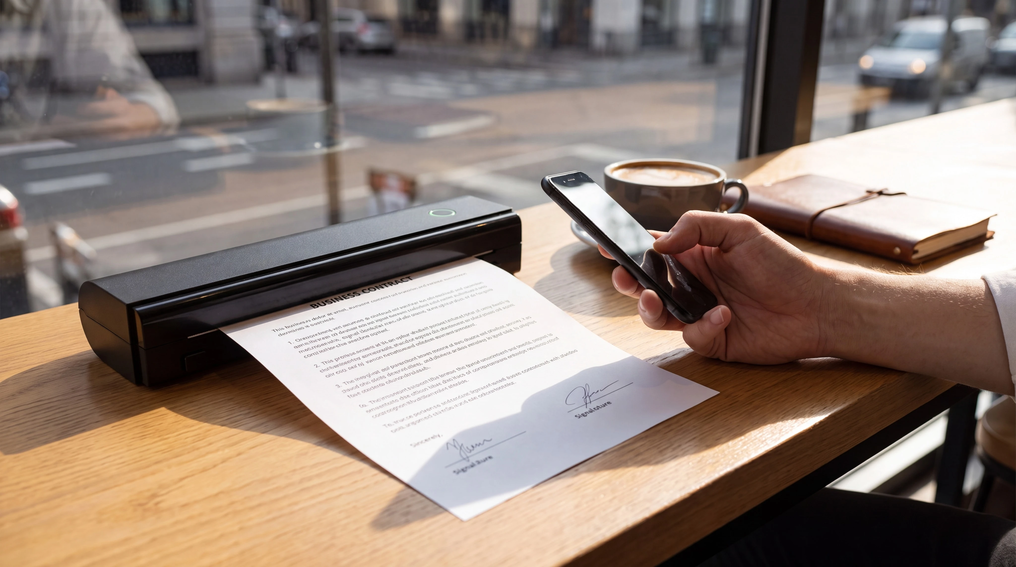 ThermaGo printing an A4 page on the passenger seat of a parked car