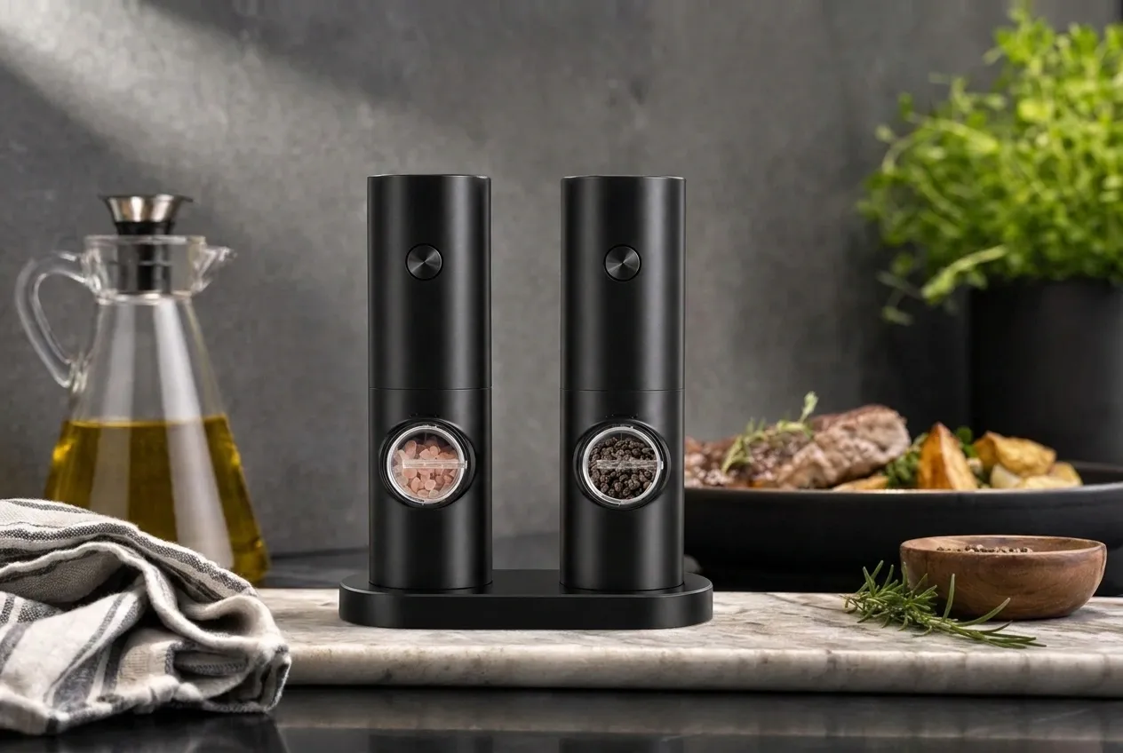 The Voltmill electric salt and pepper grinder set on its base stand, transparent chambers filled with pink salt and black peppercorns